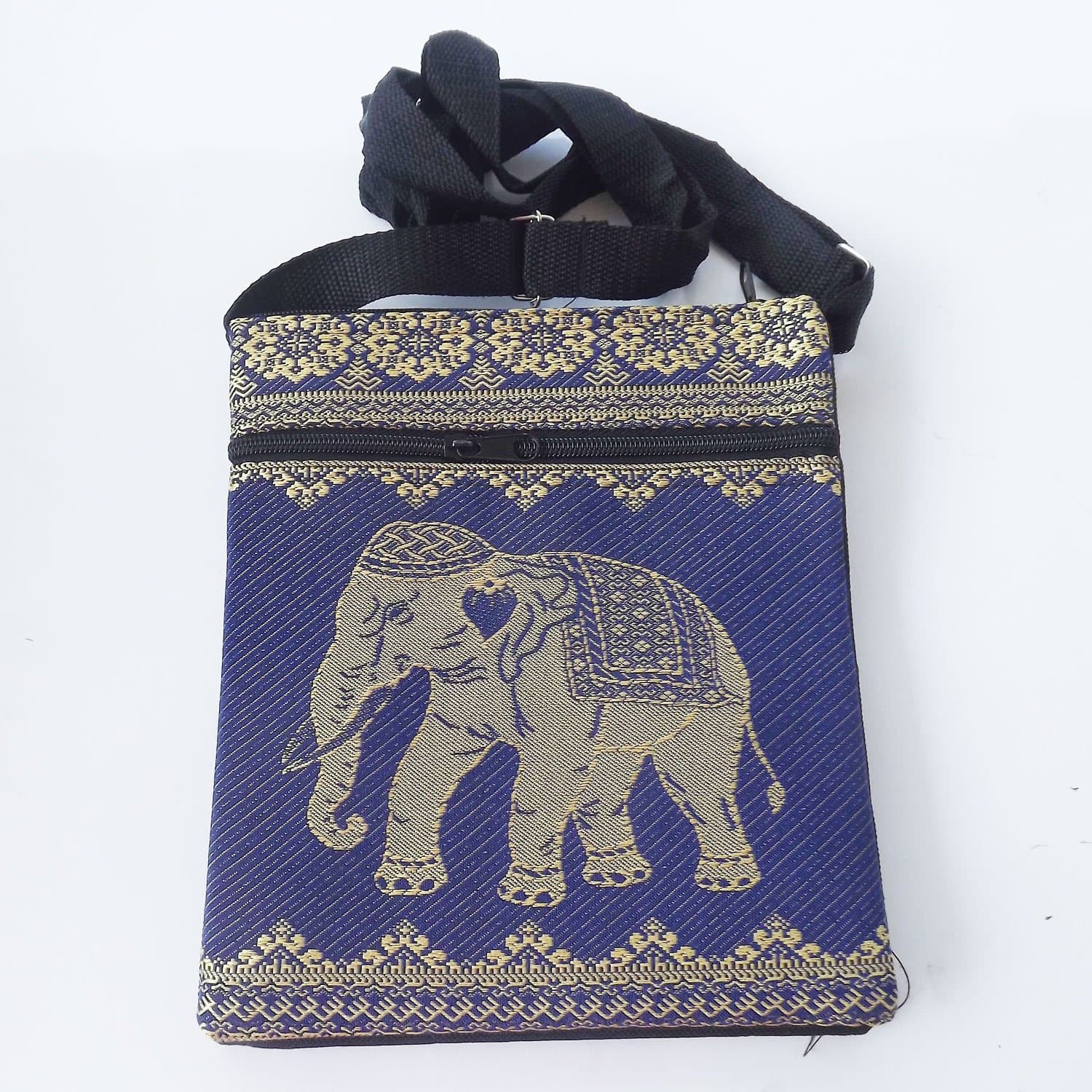 Thai Silk Cloth with Elephant Pattern Coin and Mobile Bag Handmade Thailand, Navy Blue with Golden Elephant (Thai Handmade) / 1011