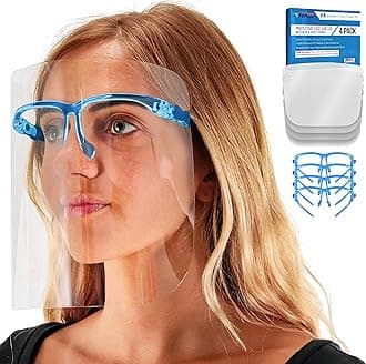 TCP Global Salon World Safety Face Shields with Blue Gl Frames (Pack of 4) - Ultra Clear Protective Full Face Shields to Protect Eyes, Nose, Mouth - Anti-Fog PET Plastic, Goggles