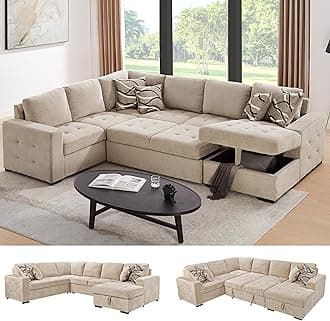 THSUPER Sectional Sleeper Sofa with Pull Out Bed and Storage Chaise, U Shape Sectional Sofa Bed, Oversized Sectional Sleeper Couch for Living Room Beige