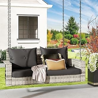 DWVO 2-Seats Wicker Hanging Porch Swing Chair Outdoor Gray Rattan Patio Swing Lounge w/ 2 Back Cushions Capacity 530lbs for Garden, Balcony, Living Room, Gray Rattan Black Cushion