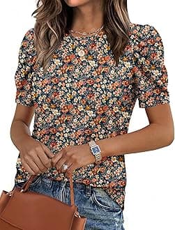 Zeagoo Blouse for Women Dressy Casual Puff Short Sleeve Boho Tops Fashion Floral Crew Neck Tunic Shirts Summer Clothes