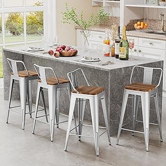 Andeworld Metal Bar Stools Set of 4 Kitchen Counter Stools Bristro Barstools Industrial Bar Stools（24inch Silver with Wooden Seats）