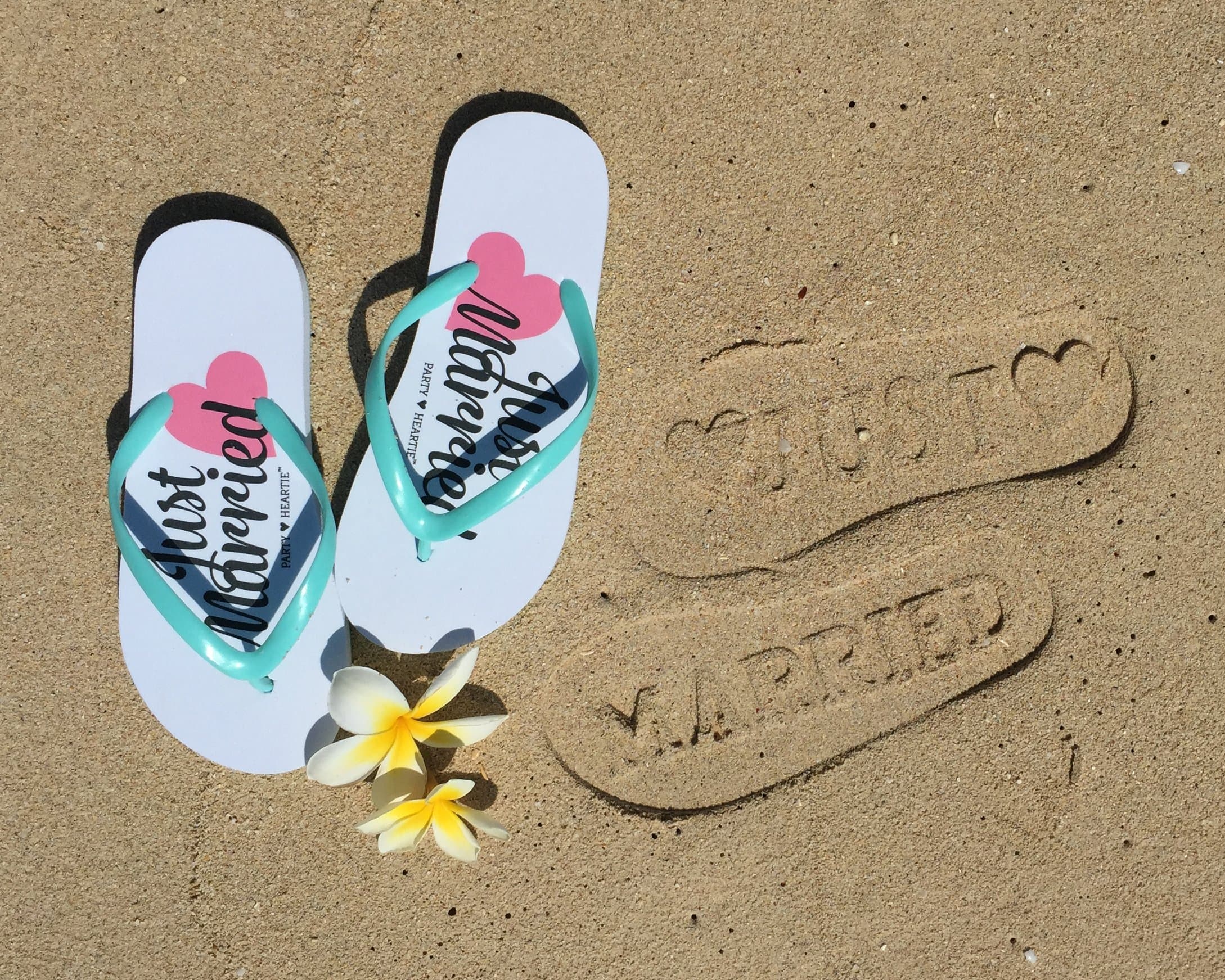 Size 6/7 Just Married Flip Flops - Stamp/Imprint on Beach Sand Wedding Honeymoon Slippers