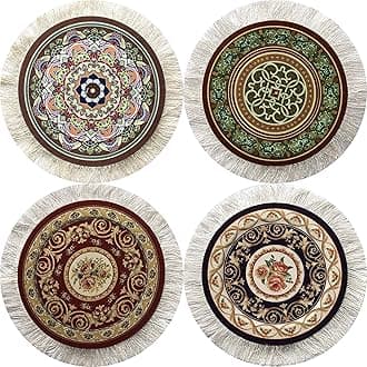 Turkish Rug Coasters Set of 4 – Round Carpet-Style Drink mats with Fringe, Non-Slip Backing, Decorative Home Accent | Dining Accessory