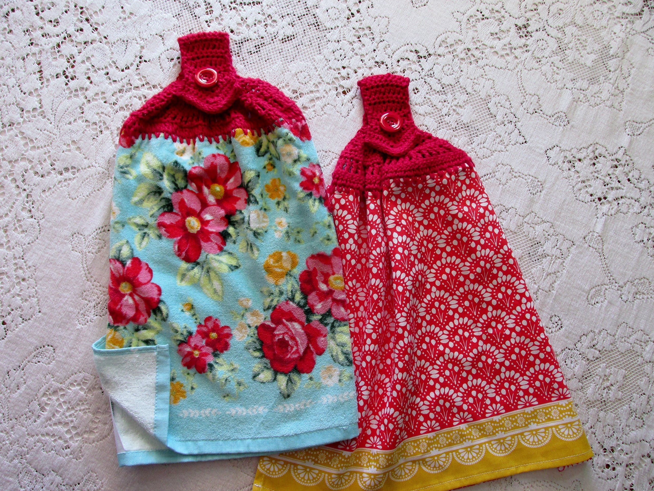 Set of 2 Double Layer Hanging Kitchen Hand Towels, Spring Flowers, Blue & Red Floral Pioneer Woman Best Quality Crochet Top Towels, Wedding Gift,