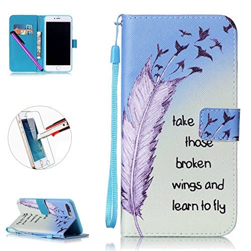iPhone 7+ Case,iPhone 7 Plus Premium PU Leather Case ,NEWSTARS Romantic Colorful Pretty Beautiful Cute Painted Wallet Case For iPhone 7 Plus 5.5 inch,Modern Slim Geometric Design Fashion Cover +1Pcs Screen Protector + 1 Pcs Stylus Touch Pen.Feather Birds Words