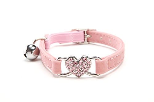 Lolar Cat Kitten Collar Adjustable 8-11" Soft Velvet With Ringling Bell Safe Rhinestone Heart Kitten Collar easy to attach name tag (Pink, heart)