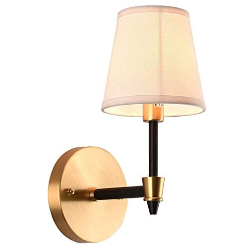 7PM W6" x H12" Rustic Brass Wall Sconce Lamp with White Fabric Drum Lamp Shade Wall Mounted Flush Mount Lighting Vintage Light Fixture for Bedroom Foryer Home Decor