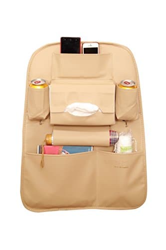 Dotaki Kick Mats Car Backseat Organizer (Leather) Cargo Storage Carrier with Pockets | Store Water Bottles, Mobile Devices, Tissue, Umbrella, Toys | Keeps Entertainment Accessible (Light Yellow)