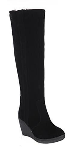 CHFSO Women's Comfy Waterproof Faux Fur Lined Pull On Knee High Heighten Wedge Heel Warm Winter Boots