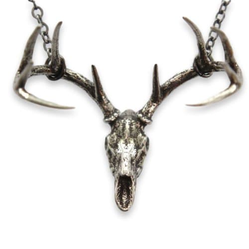 Moon Raven Designs Trophy Deer Skull Pendant Necklace - Solid Bronze or Silver Plated White Bronze - Hung on a Matching 24 Inch Chain