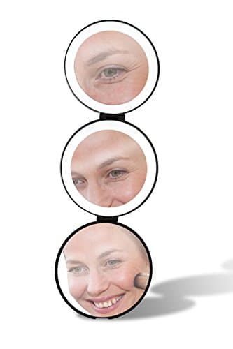 Lighted Magnifying Makeup Mirror with Adjustable LED Lights and 5x and 10x Magnification for Cosmetic Application – Perfect Foldable Compact Travel Size for Purse by NAL (Black)