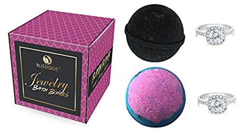 Bath Bombs with Surprise Ring Inside - Gift Set of 2 Ultra Lush Fragrant Fizzies - Jewels Pink Roses Black Activated Charcoal Natural Organic Kaolin Clay Essential Oil Shea Butter Handmade in USA