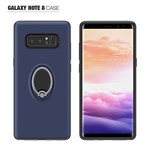 SAMSUNG GALAXY NOTE 8, Heavy Duty Case Cover with Flexible Inner Protection and Reinforced Hard Bumper Frame Simple Stylish With Car Mount Function 360 Rotating Ring Grip Holder (Blue)