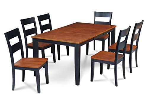 Trithi Furniture - Fullerton Solid Wood EXTENDABLE Dining Set with Chairs (Black Table with Wooden Seat Chair, 7)