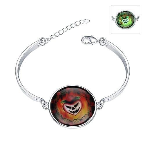 iCAREu Silver Plated Adjustable Bangle Bracelet with a Fluorescent Halloween Theme Pendant, 8"(Jack-o-lanterns )