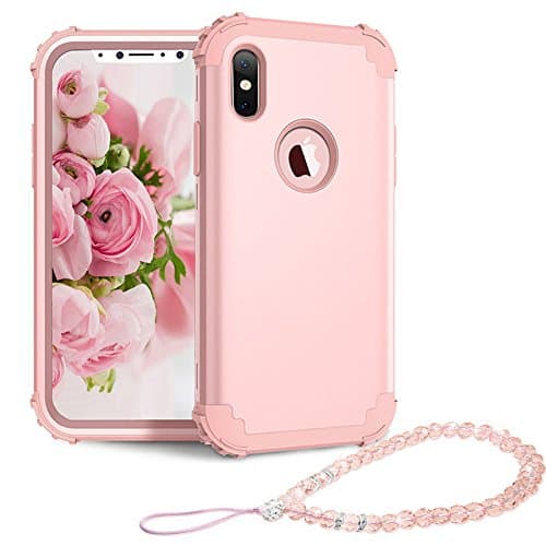 iPhone X Case Shockproof Armor - USAcases Heavy Duty High Impact Resistant Three Layer Hybrid Sturdy Armor Anti-Drop With Fashion Crystal Beads Cell Phone Lanyard Strap for iPhone X (Rose Gold)