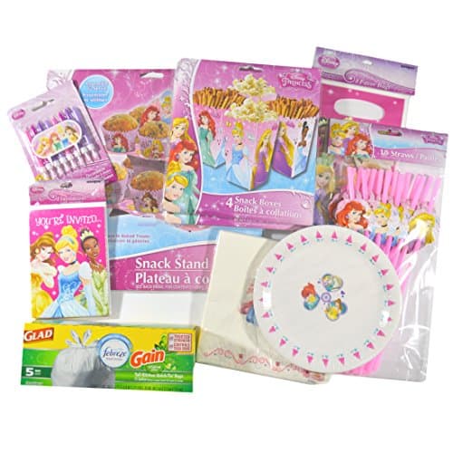 Bundle: Disney Princess Party Kit: 8 Invitations, Snack Stand, 8 Snack Boxes, 8 Candles, 8 Favor Bags, 18 Straws, 18 Cake Plates, 20 Napkins, 5 Gain Trash Bags