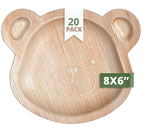 CaterEco Kids Teddy Bear Palm Leaf Plates Set | 20 Pack | Size 8" x 6" | Ecofriendly Disposable Dinnerware | Heavy Duty Biodegradable Party Utensils for Wedding, Camping & More