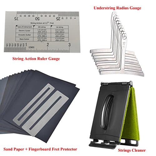 oneflysky Premium Luthier Tools Repair Kit for Guitar Bass, String Action Ruler Gauge Tool, 9 Understring Fretboard Radius Gauge, 2 Fingerboard Fret Protector Guards,9 Sand Papers, Strings Cleaner