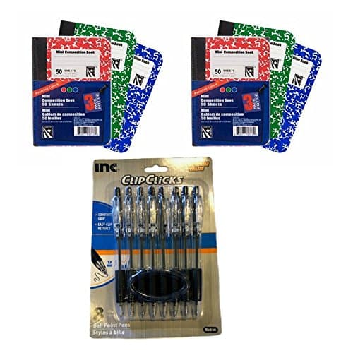 Mini Marble Composition Books, Notebooks, Red, Blue and Green, 6-ct, 300 Total Pages with Clip Click Retractable Ball Point Pens, 1.0 mm Black Ink, Set of 8