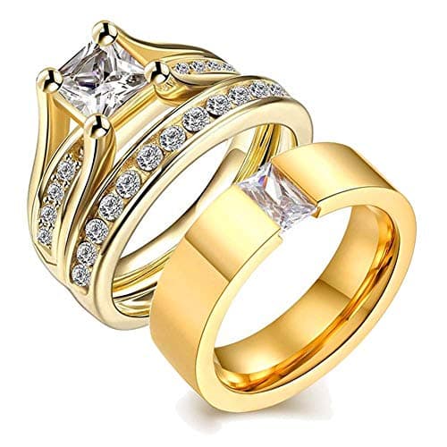 wedding ring set Two Rings His Hers Couples Rings Women's 10k Yellow Gold Filled White CZ Wedding Engagement Ring Bridal Sets & Men's Stainless Steel Wedding Band