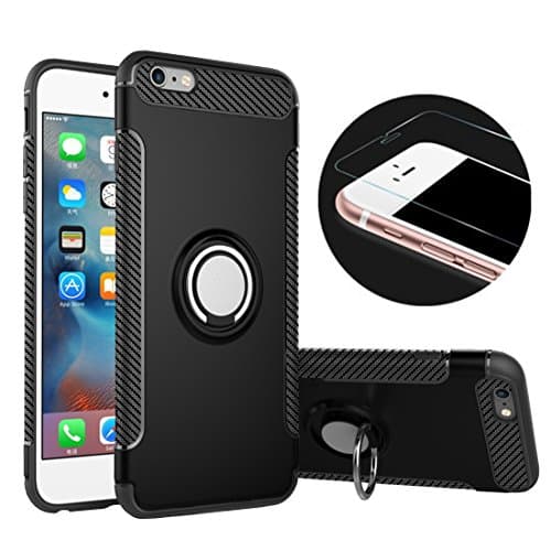 iPhone 6 Phone Case & Tempered Glass Screen Protector,RP Ben Multi-function Car Holder Stand Magnetic Suction Bracket Finger Ring TPU + PC Cover Case for iPhone 6 6S(Black)
