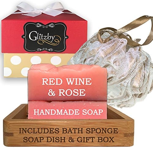 Luxury Handmade Soap Bath Gift Set - Includes Loofah & Bamboo Soap Dish (Red Wine & Rose)