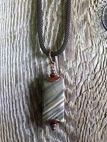 Jasper Necklace - Column Slab Cut Silver Mist Jasper Pendant - Copper Accents & Spacers - Unique Copper Mesh Chain - 18" Length w/extension