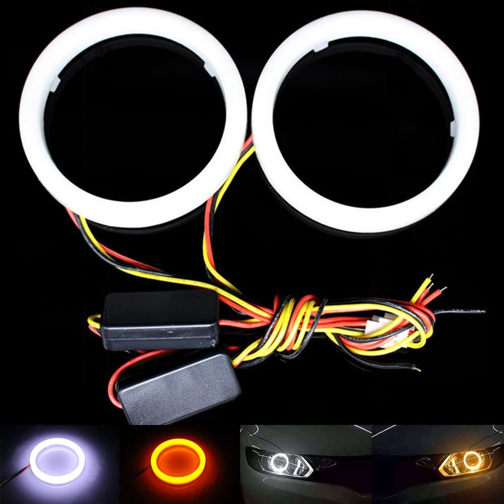 TABEN 1-Set White/Amber Switchback 100mm 60SMD 3020 Chips LED Angel Eyes Halo Ring Turn Signal Headlight & Fog Housing Lamp with Milk-Shell
