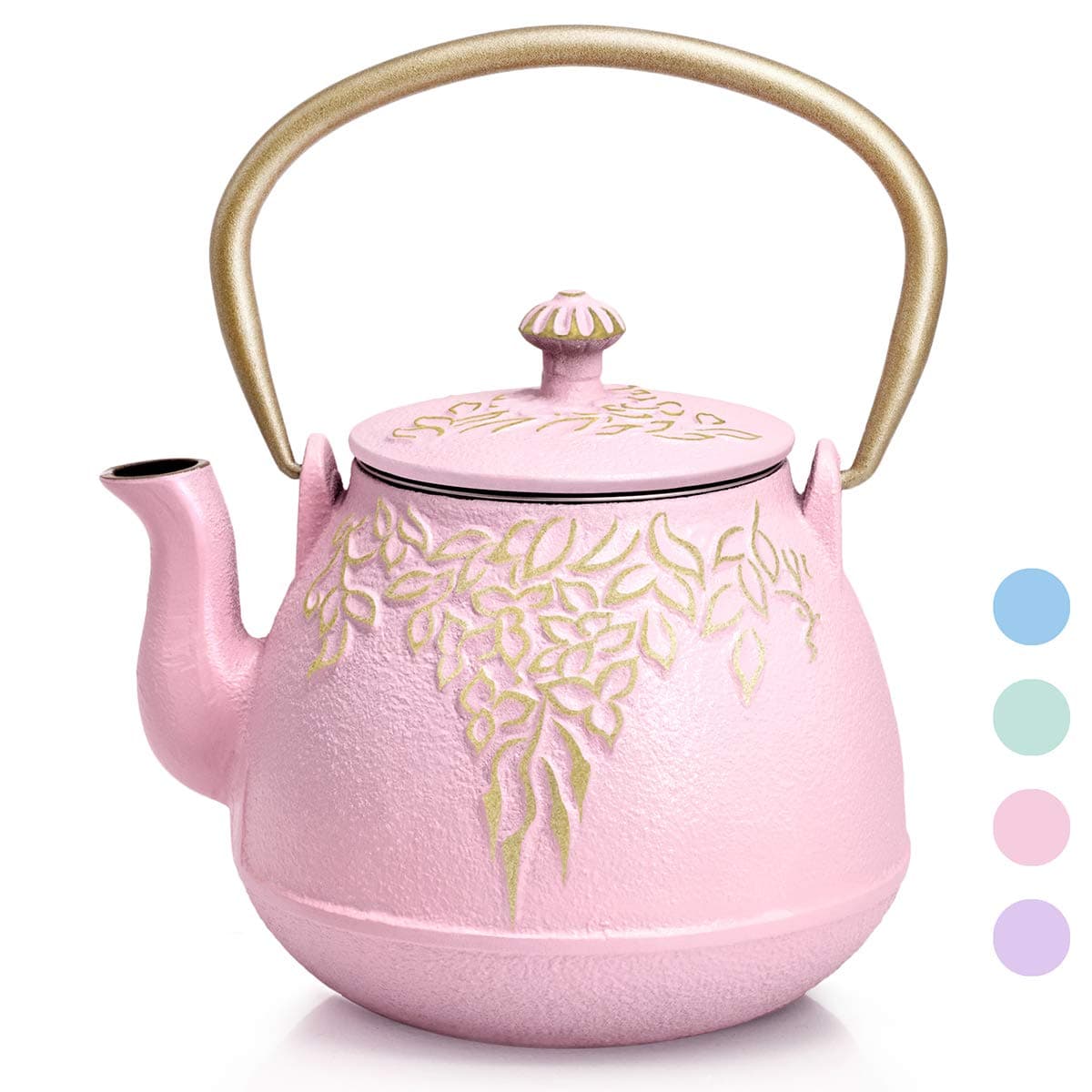 Cast Iron Teapot,Tea Kettle,tea pot with infusers for loose tea,Tea kettles tea pots,Leaf Design Teapots Coated with Enameled Interior for 32 Ounce,Candy Pink