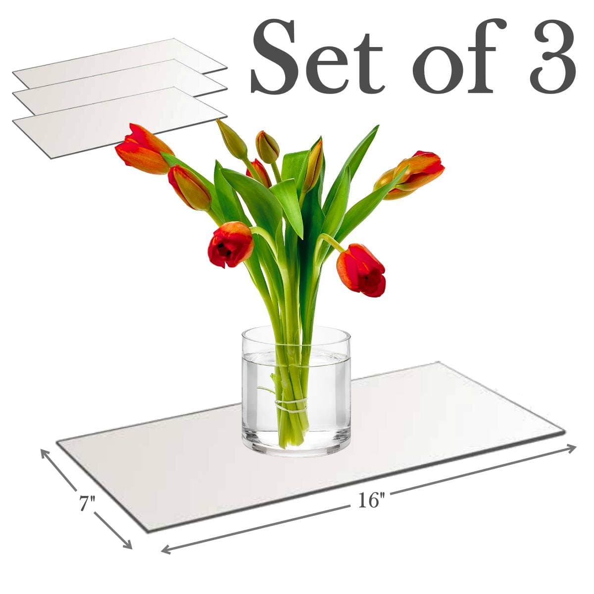 7”x16” Rectangle Mirror Plate with Round Edge Set of 3 – Glass Mirror Tray, Base for Wedding Centerpieces, Candles and Wall Decor