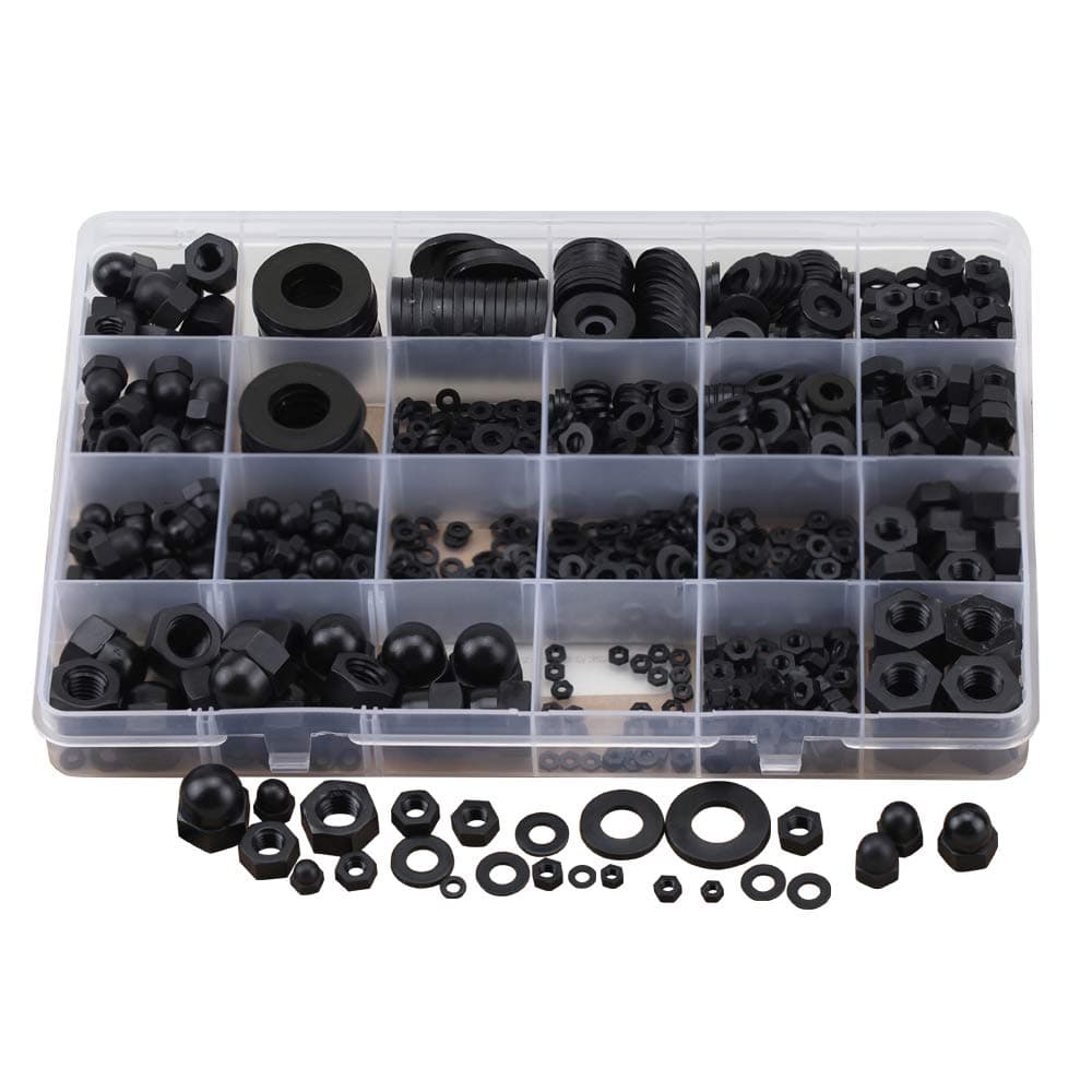 SZHKM Nylon Washer Nylon Nut and Cap Nut Set Box M2 M2.5 M3 M4 M5 M6 M8 M10 M12 (NL4-10 Black)