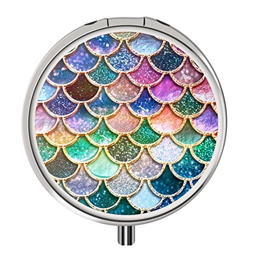 Pill Box, Round Stainless Drug Case with Three Compartment, Custom Medical Kit Storage for Travel Purse Pocket - Glitter Mermaid