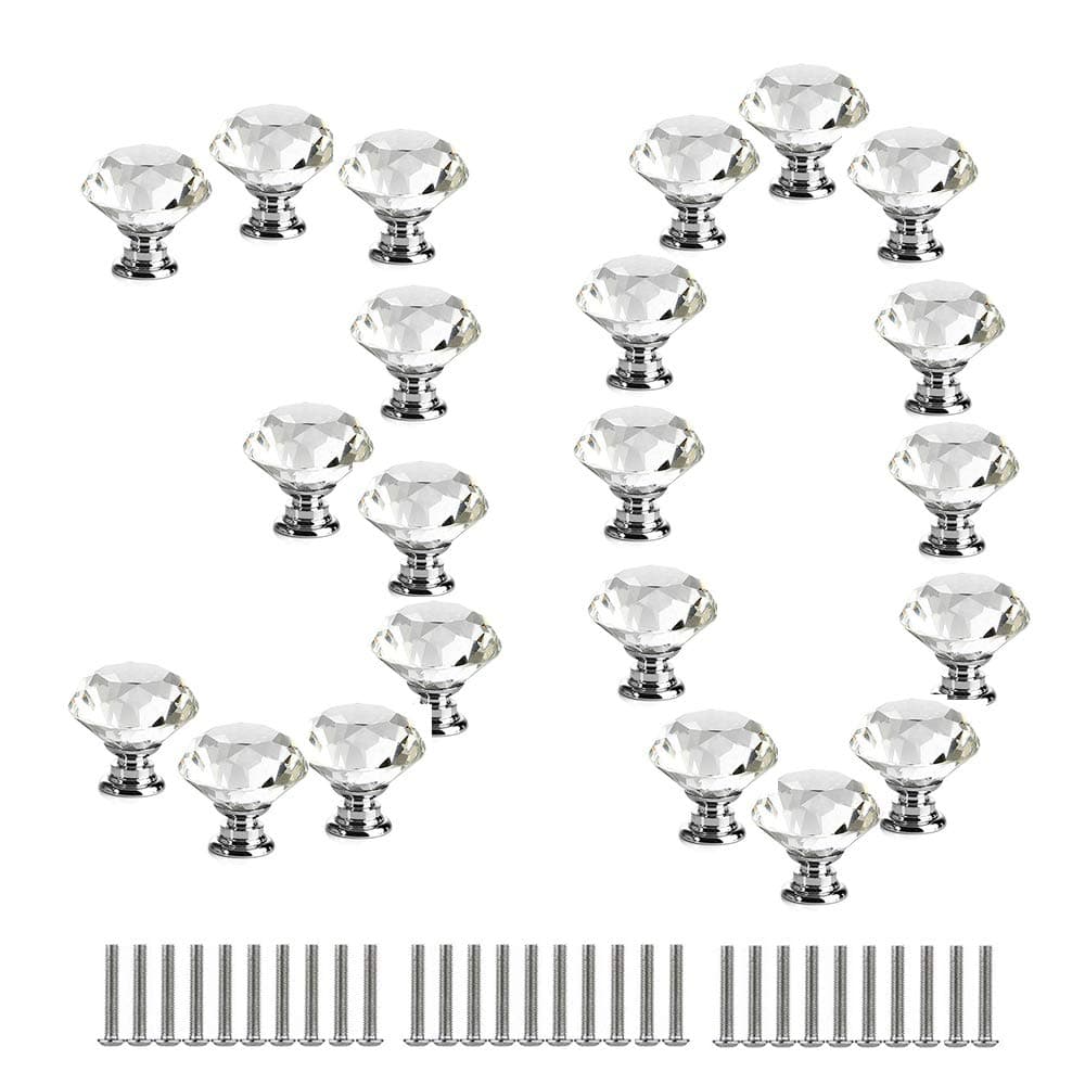 30 Pcs Glass Cabinet Knobs Crystal Drawer Pulls Clear 30 MM Diamond for Kitchen, Bathroom Cabinet, Dresser and Cupboard