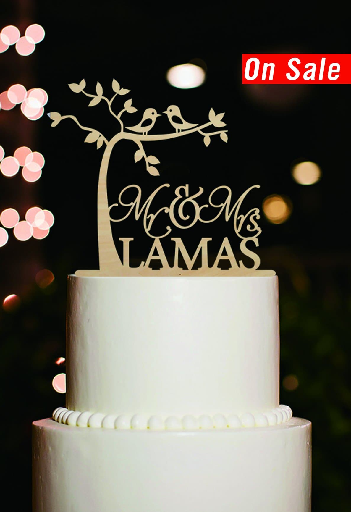 Rustic Tree with Kiss Birds Mr and Mrs Wedding Cake Toppers Personalized Last Name Wedding Decorations