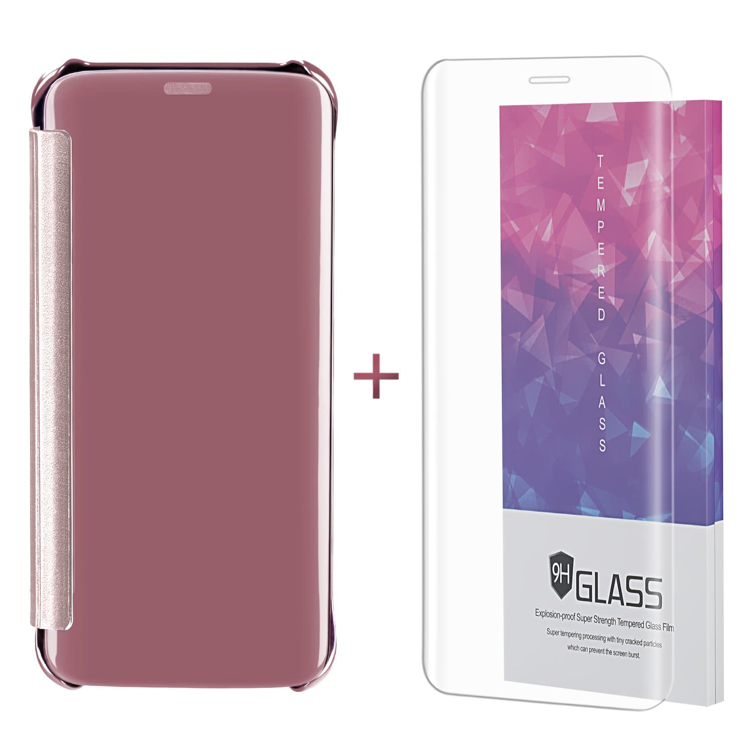 Hanglong Clear View Flip Case For Samsung Galaxy S8 Plus (with one Tempered Glass Screen Protector)-Rose Gold
