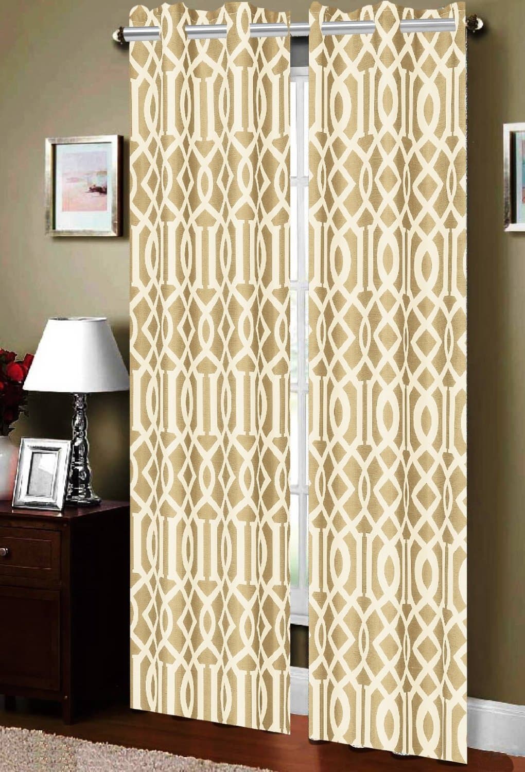 CELINE LINEN Luxury Geometric Linen Look Printed Window Curtains/Panel/Drape with Grommets (Set of 2), Light Coffee