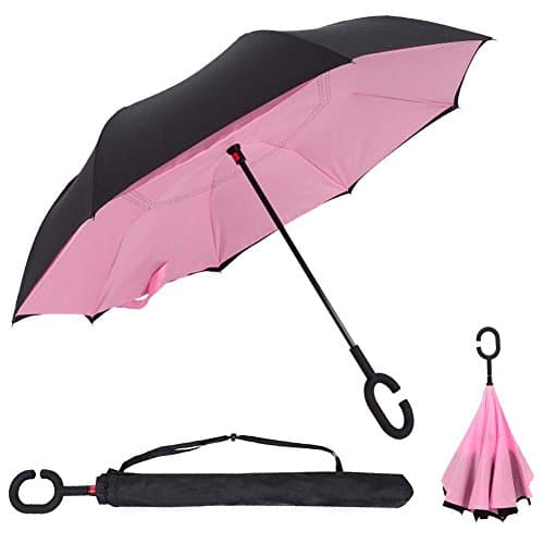 Double Layer Inverted Umbrella Cars Reverse folding Umbrella Windproof UV Protection Big Straight Umbrella for Car Rain &Sun Outdoor With C-Shaped Handle Travel Umbrella (Light Pink)