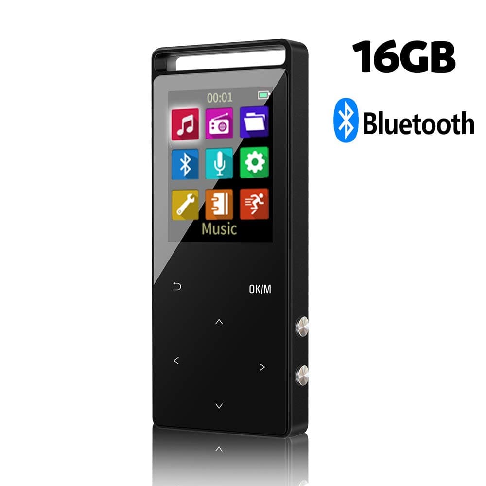 16GB Bluetooth MP3 Player with One Key to Lock&One Key to Record,with 50 Hrs Playback,HiFi Lossless Music Player with FM Radio and Pedometer,Earphone,AUX Cable and Armband Included,Black