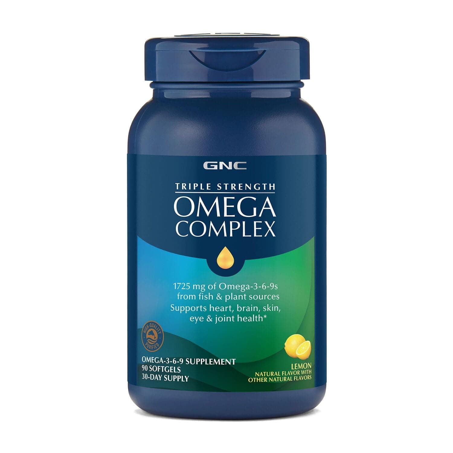 GNC Triple Strength Omega Complex Omega 3, 6, 9 Supplement, 1725mg, Lemon Flavor, Supports Heart, Brain, Skin, Eye and Joint Health, 90 Softgels