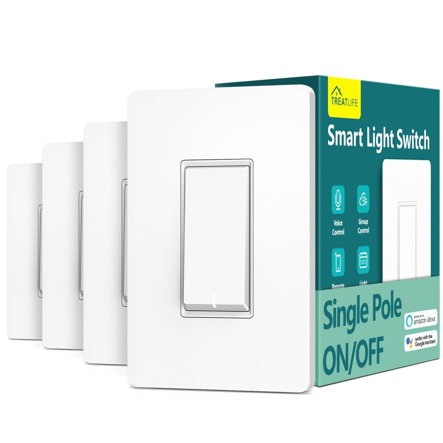 Smart Light Switch Single Pole Works with Alexa, Google Home and SmartThings, 2.4GHz WiFi Timer Smart Switch, Neutral Wire Required, No Hub Required, FCC Listed, 4 Pack