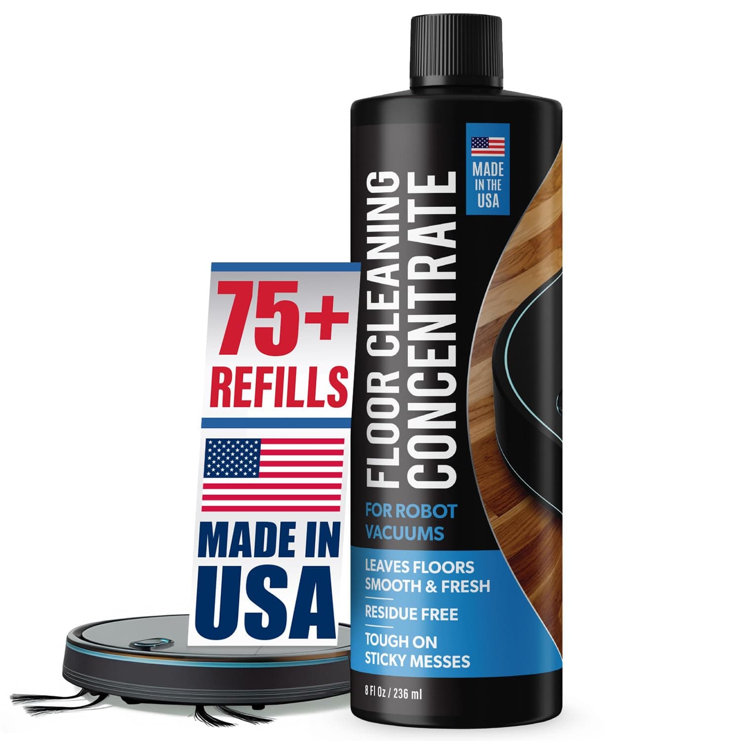 Robot Vacuum Floor Cleaning Concentrate for Mops - 75+ Refills Per Bottle - Compatible with Roborock, Tineco, iFloor, Etc. - Hardwood & Multi-Surface - Made in USA - Non-Toxic, Residue-Free