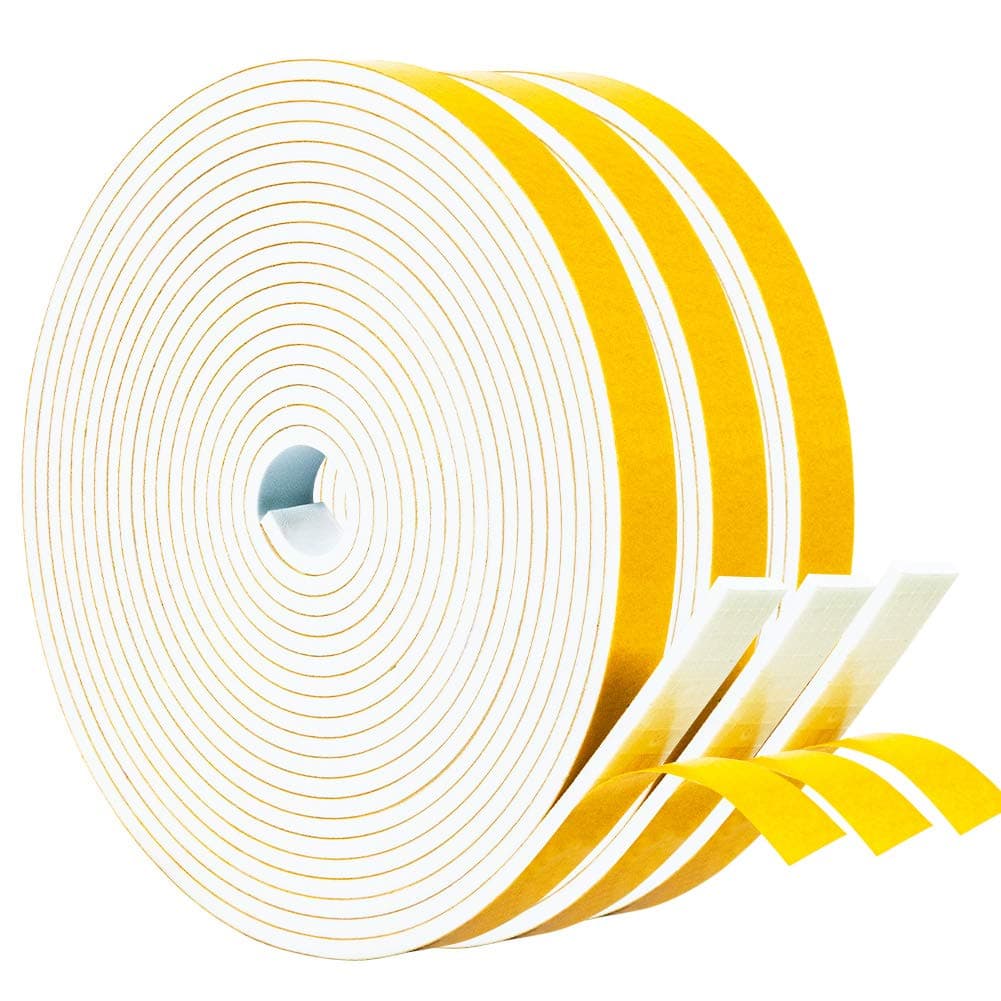 Yotache White Windows Doors Insulation Seal Tape 3 Rolls 1/2 Inch Wide X 1/8 Inch Thick, Adhesive Foam Gasket for Weather Stripping, Cabinet Door Frame, Total 50 Feet Long (3 X 16.5 Ft Each)