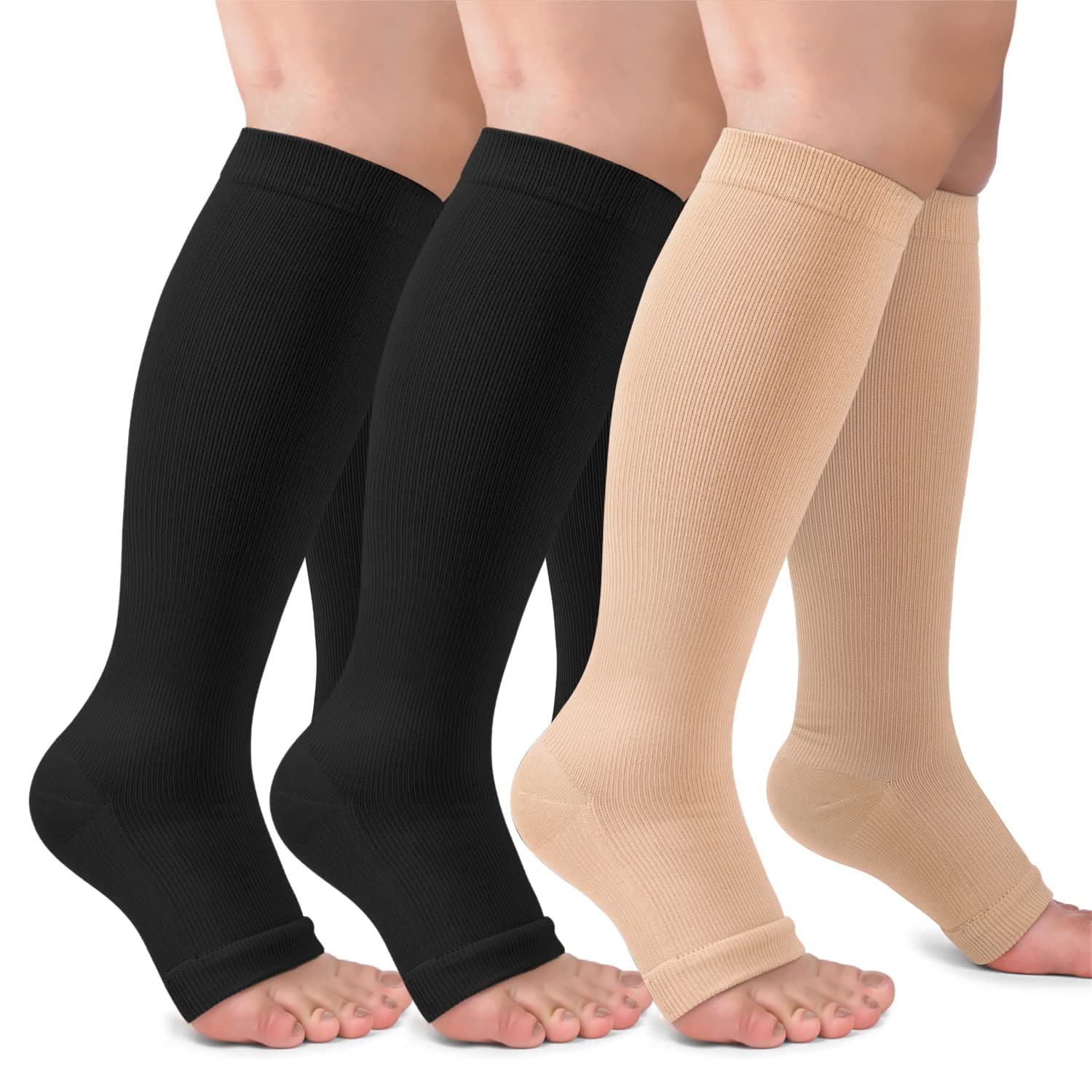 3 Pack Copper Compression Socks for Women & Men, 20-30mmHg Open Toe Knee High Stockings for Circulation Support