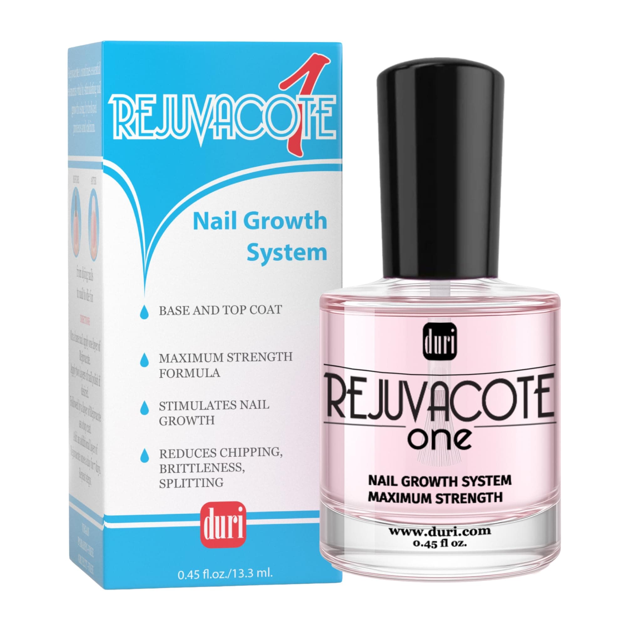 Duri Rejuvacote 1 Nail Growth System - Maximum Strength Nail Strengthener for Damaged Nails from Gel, Acrylic Manicure | Grow Long Natural Fingernails Fast - Rejuvacare Nail Hardener - 0.45 fl. oz.