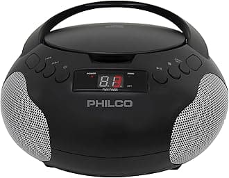 Philco Portable CD Player Boombox with Speakers and AM FM Radio | Black Boom Box Compatible with CD-R/CD-RW and Audio CD | 3.5mm Aux Input | Stereo Sound | LED Display | AC/Battery Powered