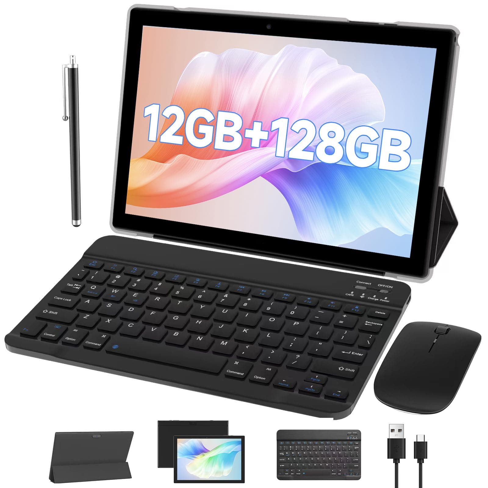 Android Tablet with Keyboard protect Case Mouse Stylus 10 Inch Tablet 2 in 1 Tablets Set 12GB+128GB/1TB Expandable Dual camera Tablets PC 10.1" HD Screen 6000mAh Battery 5G Wifi WiFi6 BT5.0 Tableta