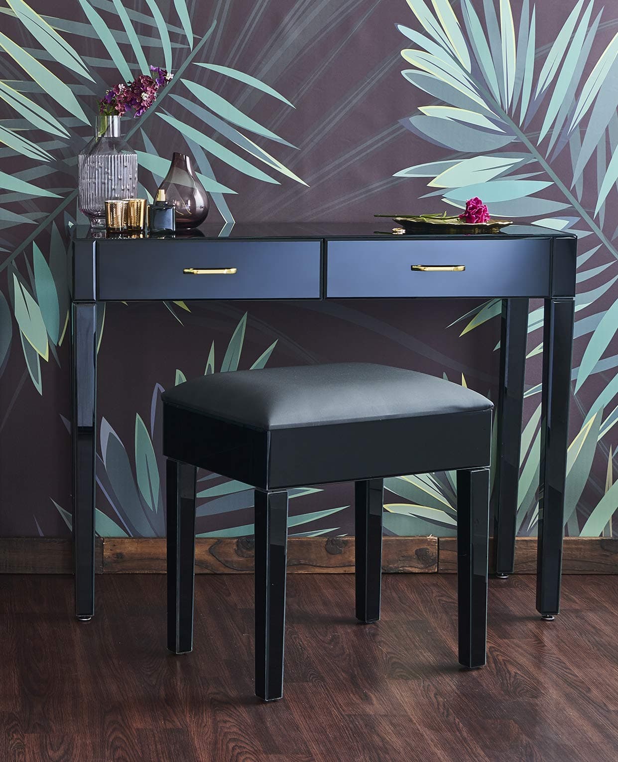 Laura James Glass Mirrored Dressing Table with Stool - Black