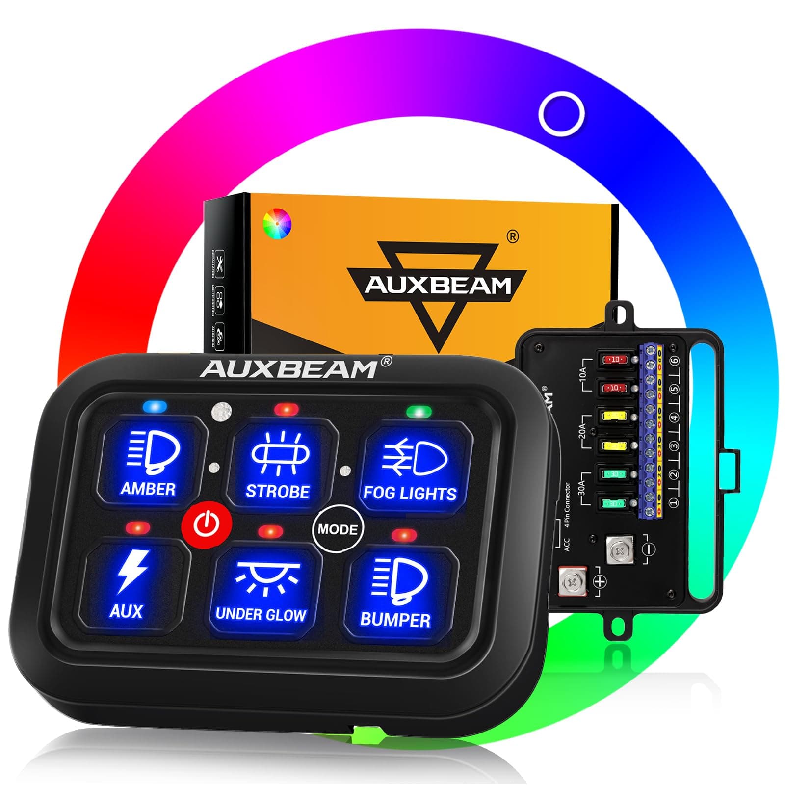 Auxbeam RGB 6 Gang Switch Panel RA60 Auto-Dimmable Switch Panel w/Momentary Toggle Pulsed Memory Function, 12-24V Switch Panel for Truck UTV Car Boat Waterproof, 3-Year Warranty